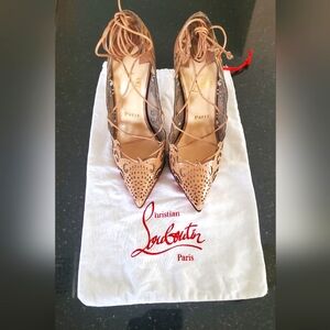 Christian Louboutin Impera 120 Patent Nude Lace Up Heels